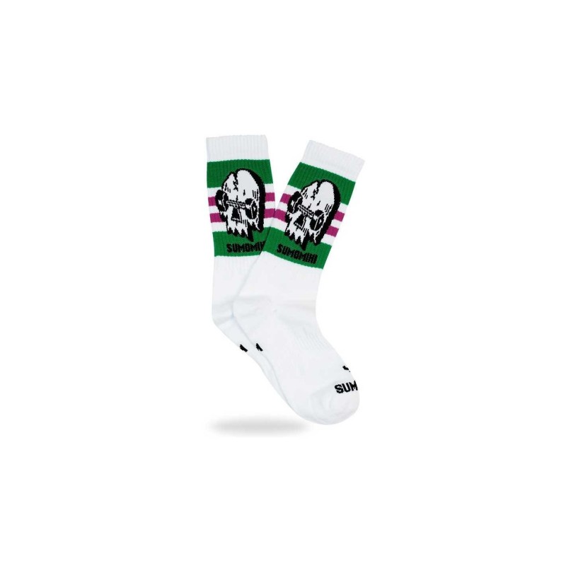 SUMOMIHI Skull Skate Sock – Calzini Bianchi con Teschio e Dettagli Verde Skate.