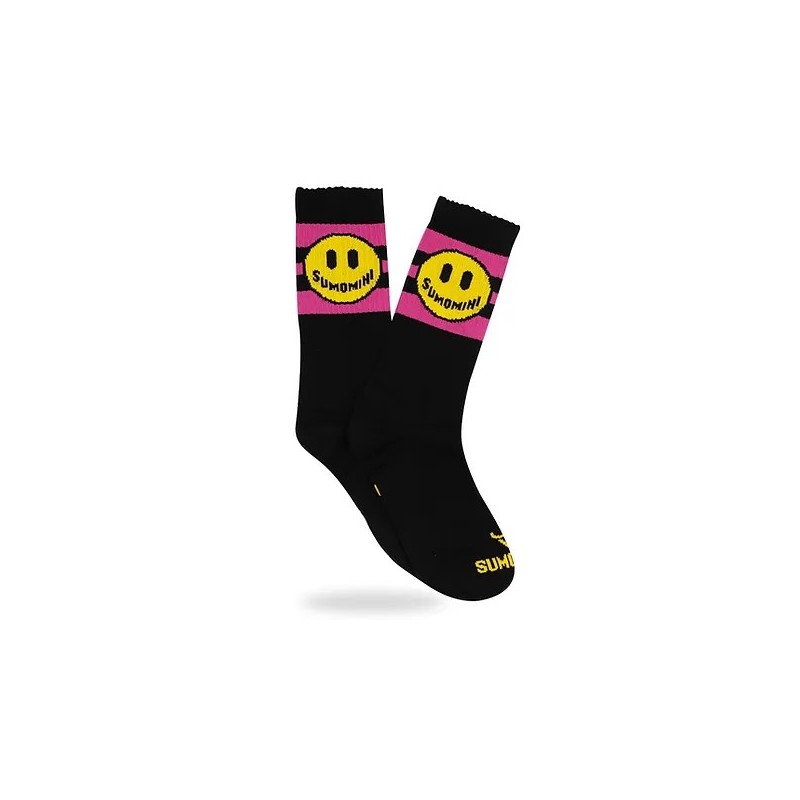 SUMOMIHI Smile Fuchsia Stripes Sock – Calzini Neri con Dettagli Fucsia e Smile Iconico.