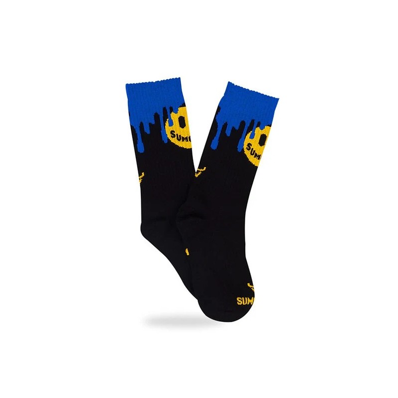 SUMOMIHI Smile’n Drip Blue Sock – Calzini Neri con Smile Giallo e Dettagli Blu Cool.