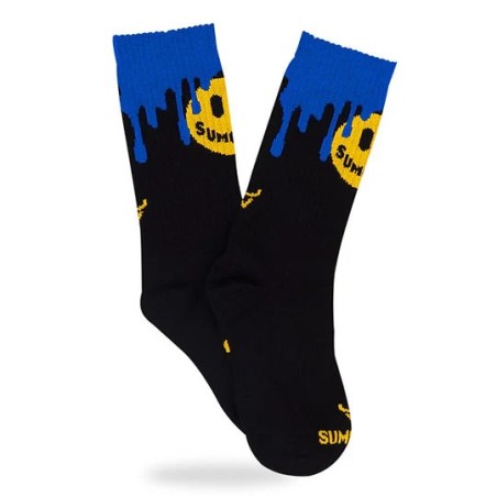 SUMOMIHI Smile’n Drip Blue Sock – Calzini Neri con Smile Giallo e Dettagli Blu Cool.