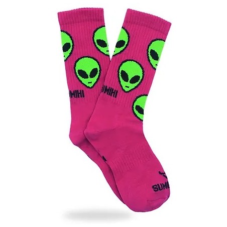 SUMOMIHI Invaders Sock – Calze Fucsia con Alieni Verde Fluo.